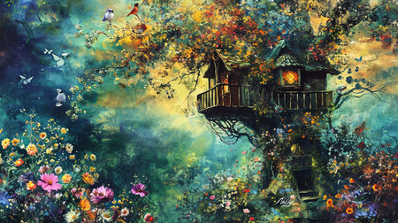A painting of a whimsical tree house and flowers with spectacular backdrops and multilayered dimensions It has selkiecore and dreamlike architecture with rustic charm and a solarizing master touch Lovely and chaotic Job ID 1fe7212b087c488c93276180a4ee4a6fの素材