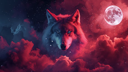 A stunning digital image of a wolf with stars under her eyes and a glowing moon The image is beautifully designed in the style of skyblue and maroon with touches of dark azure and magenta The realistic depictions bring the artwork to life The image evokes a sense of mystery and awe Perfect for any art lover or nature enthusiastの素材