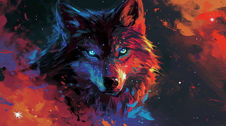A stunning digital image of a wolf with stars under her eyes and a glowing moon The image is beautifully designed in the style of skyblue and maroon with touches of dark azure and magenta The realistic depictions bring the artwork to life The image evokes a sense of mystery and awe Perfect for any art lover or nature enthusiastの素材