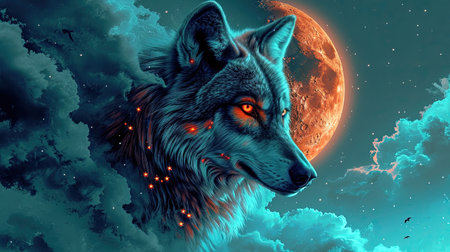 A stunning digital image of a wolf with stars under her eyes and a glowing moon The image is beautifully designed in the style of skyblue and maroon with touches of dark azure and magenta The realistic depictions bring the artwork to life The image evokes a sense of mystery and awe Perfect for any art lover or nature enthusiastの素材