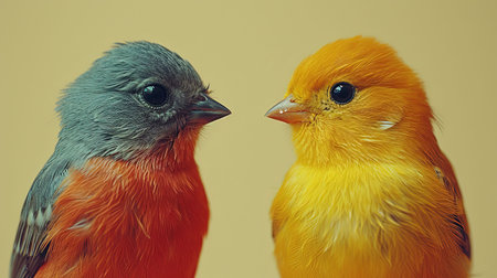 A vibrant and captivating digital image showcasing two colorful birds in the style of Liam Wong The birds are depicted in dark violet and yellow with bold lines and vivid colors The background features light yellow and skyblue hues creating a visually stunning composition This image is a true masterpiece of digital art guaranteed to inspire and captivate its viewersの素材