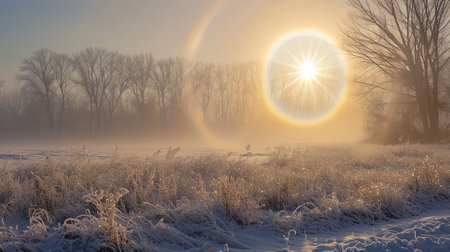 A breathtaking winter landscape filled with a diamond dust halo and sunlight reflecting off suspended ice crystals creating a magnificent and enchanting natural spectacleの素材