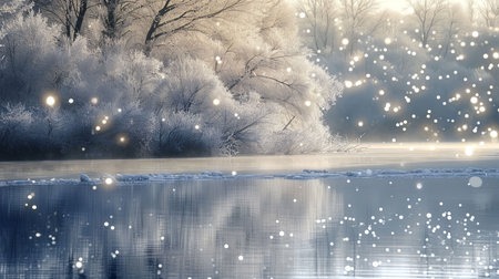 A breathtaking winter landscape filled with a diamond dust halo and sunlight reflecting off suspended ice crystals creating a magnificent and enchanting natural spectacleの素材