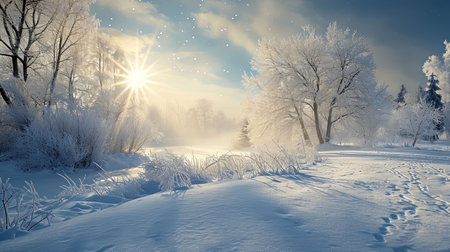 A breathtaking winter landscape filled with a diamond dust halo and sunlight reflecting off suspended ice crystals creating a magnificent and enchanting natural spectacleの素材