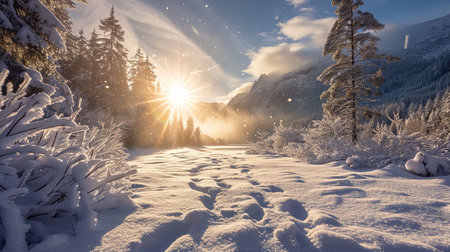 A breathtaking winter landscape filled with a diamond dust halo and sunlight reflecting off suspended ice crystals creating a magnificent and enchanting natural spectacleの素材
