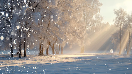 A breathtaking winter landscape filled with a diamond dust halo and sunlight reflecting off suspended ice crystals creating a magnificent and enchanting natural spectacleの素材