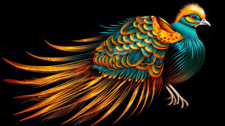 Capture the beauty of a majestic Golden Pheasant in this captivating vector artwork The dark emerald and light amber color palette along with intricate feather details create a powerful symbolism Pigeoncore art style emphasizes realism and detailの素材