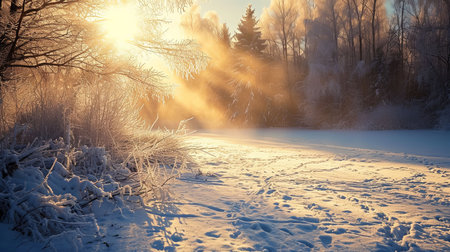 A breathtaking winter landscape filled with a diamond dust halo and sunlight reflecting off suspended ice crystals creating a magnificent and enchanting natural spectacleの素材