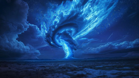 A stunning image of a mesmerizing bioluminescent tornado lighting up the night sky in electric blue The tornado is set against a surreal landscape creating a sense of both awe and danger This image captures the beauty and power of natureの素材