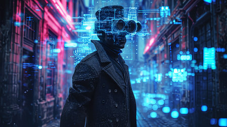 A futuristic twist on Victorian London where Sherlock Holmes uses advanced holographic evidence analysis and high-tech tools Explore the city in a classic trench coat and high-tech gogglesの素材