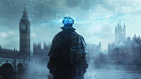 A futuristic twist on Victorian London where Sherlock Holmes uses advanced holographic evidence analysis and high-tech tools Explore the city in a classic trench coat and high-tech gogglesの素材