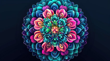 A vibrant flower mandala painted in multiple colors on a black background The mandala exhibits a mesmerizing combination of light teal and light neon hues creating a captivating and multilayered visual experienceの素材