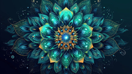 A vibrant flower mandala painted in multiple colors on a black background The mandala exhibits a mesmerizing combination of light teal and light neon hues creating a captivating and multilayered visual experienceの素材
