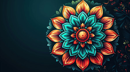A vibrant flower mandala painted in multiple colors on a black background The mandala exhibits a mesmerizing combination of light teal and light neon hues creating a captivating and multilayered visual experienceの素材