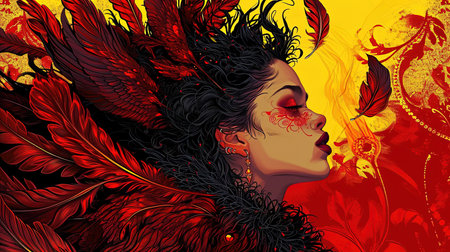 A decadent and dramatic fairywitch art with detailed feather rendering in the style of Martin Ansin A stunning piece of digital art that combines dark red and yellow tones to create a mesmerizing portraitの素材