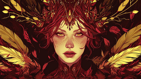 A decadent and dramatic fairywitch art with detailed feather rendering in the style of Martin Ansin A stunning piece of digital art that combines dark red and yellow tones to create a mesmerizing portraitの素材