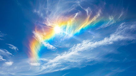Vividly colored sky amidst wispy clouds on a bright sunny day showcasing this rare and beautiful optical phenomenonの素材