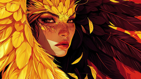 A decadent and dramatic fairywitch art with detailed feather rendering in the style of Martin Ansin A stunning piece of digital art that combines dark red and yellow tones to create a mesmerizing portraitの素材