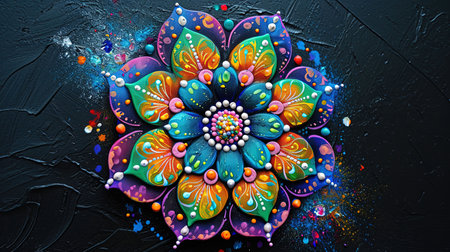 A vibrant flower mandala painted in multiple colors on a black background The mandala exhibits a mesmerizing combination of light teal and light neon hues creating a captivating and multilayered visual experienceの素材
