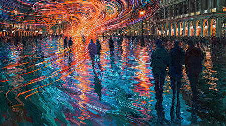 A captivating painting of a starry night on a busy street featuring dark orange and emerald hues This optical illusion artwork combines the elements of dark crimson and light azure inspired by the School of London and the fauvist color explosions With a touch of neo-Victorian influence the painting portrays the reflections and chaos of the urban environmentの素材