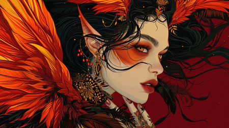 A decadent and dramatic fairywitch art with detailed feather rendering in the style of Martin Ansin A stunning piece of digital art that combines dark red and yellow tones to create a mesmerizing portraitの素材