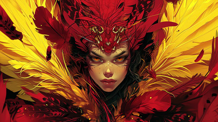 A decadent and dramatic fairywitch art with detailed feather rendering in the style of Martin Ansin A stunning piece of digital art that combines dark red and yellow tones to create a mesmerizing portraitの素材