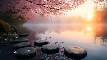Experience the tranquility of a serene Zen garden at dawn as the first light of day reflects on the tranquil pond Surround yourself with cherry blossoms misty air and neatly arranged stonesの素材