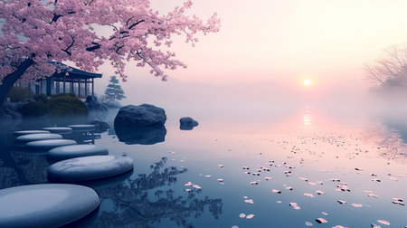 Experience the tranquility of a serene Zen garden at dawn as the first light of day reflects on the tranquil pond Surround yourself with cherry blossoms misty air and neatly arranged stonesの素材