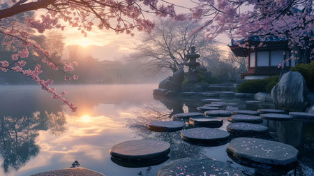 Experience the tranquility of a serene Zen garden at dawn as the first light of day reflects on the tranquil pond Surround yourself with cherry blossoms misty air and neatly arranged stonesの素材