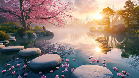 Experience the tranquility of a serene Zen garden at dawn as the first light of day reflects on the tranquil pond Surround yourself with cherry blossoms misty air and neatly arranged stonesの素材