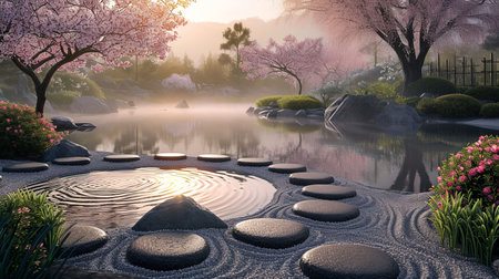 Experience the tranquility of a serene Zen garden at dawn as the first light of day reflects on the tranquil pond Surround yourself with cherry blossoms misty air and neatly arranged stonesの素材