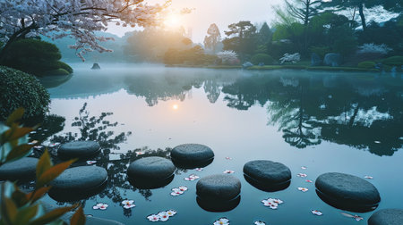 Experience the tranquility of a serene Zen garden at dawn as the first light of day reflects on the tranquil pond Surround yourself with cherry blossoms misty air and neatly arranged stonesの素材