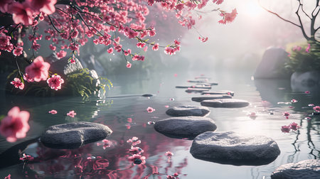 Experience the tranquility of a serene Zen garden at dawn as the first light of day reflects on the tranquil pond Surround yourself with cherry blossoms misty air and neatly arranged stonesの素材