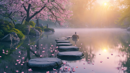 Experience the tranquility of a serene Zen garden at dawn as the first light of day reflects on the tranquil pond Surround yourself with cherry blossoms misty air and neatly arranged stonesの素材