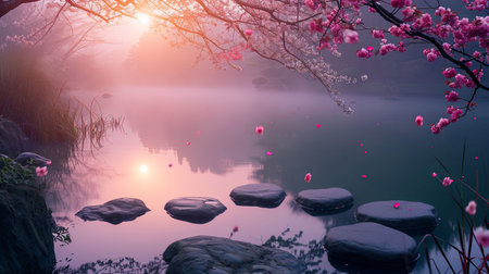 Experience the tranquility of a serene Zen garden at dawn as the first light of day reflects on the tranquil pond Surround yourself with cherry blossoms misty air and neatly arranged stonesの素材