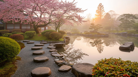 Experience the tranquility of a serene Zen garden at dawn as the first light of day reflects on the tranquil pond Surround yourself with cherry blossoms misty air and neatly arranged stonesの素材