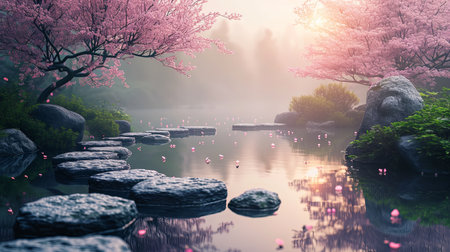 Experience the tranquility of a serene Zen garden at dawn as the first light of day reflects on the tranquil pond Surround yourself with cherry blossoms misty air and neatly arranged stonesの素材