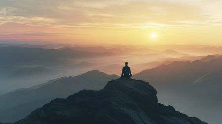 Experience inner peace and tranquility as you immerse yourself in the breathtaking beauty of a solitary figure meditating at the summit of a majestic mountain The first light of sunrise illuminates the serene surroundings creating a tranquil ambiance that leaves a lasting impression on your soulの素材
