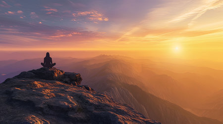 Experience inner peace and tranquility as you immerse yourself in the breathtaking beauty of a solitary figure meditating at the summit of a majestic mountain The first light of sunrise illuminates the serene surroundings creating a tranquil ambiance that leaves a lasting impression on your soulの素材