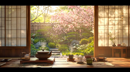 Experience the beauty of a traditional Japanese tea ceremony in a blooming garden with gentle tea pouring and soft sunlight filtering through an exquisite moment of tranquilityの素材