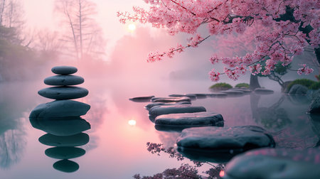 Experience the tranquility of a serene Zen garden at dawn as the first light of day reflects on the tranquil pond Surround yourself with cherry blossoms misty air and neatly arranged stonesの素材