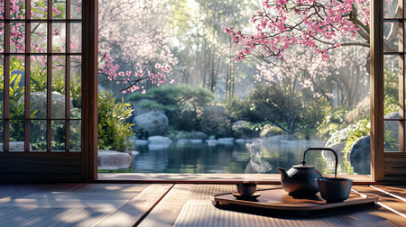 Experience the beauty of a traditional Japanese tea ceremony in a blooming garden with gentle tea pouring and soft sunlight filtering through an exquisite moment of tranquilityの素材