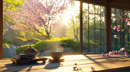 Experience the beauty of a traditional Japanese tea ceremony in a blooming garden with gentle tea pouring and soft sunlight filtering through an exquisite moment of tranquilityの素材