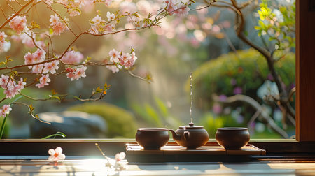 Experience the beauty of a traditional Japanese tea ceremony in a blooming garden with gentle tea pouring and soft sunlight filtering through an exquisite moment of tranquilityの素材