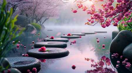 Experience the tranquility of a serene Zen garden at dawn as the first light of day reflects on the tranquil pond Surround yourself with cherry blossoms misty air and neatly arranged stonesの素材