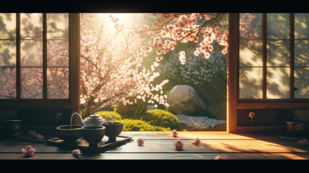 Experience the beauty of a traditional Japanese tea ceremony in a blooming garden with gentle tea pouring and soft sunlight filtering through an exquisite moment of tranquilityの素材
