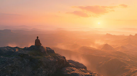 Experience inner peace and tranquility as you immerse yourself in the breathtaking beauty of a solitary figure meditating at the summit of a majestic mountain The first light of sunrise illuminates the serene surroundings creating a tranquil ambiance that leaves a lasting impression on your soulの素材