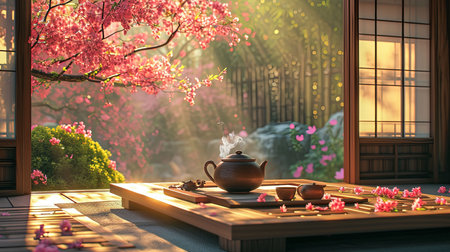 Experience the beauty of a traditional Japanese tea ceremony in a blooming garden with gentle tea pouring and soft sunlight filtering through an exquisite moment of tranquilityの素材