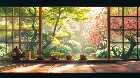 Experience the beauty of a traditional Japanese tea ceremony in a blooming garden with gentle tea pouring and soft sunlight filtering through an exquisite moment of tranquilityの素材