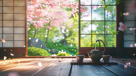 Experience the beauty of a traditional Japanese tea ceremony in a blooming garden with gentle tea pouring and soft sunlight filtering through an exquisite moment of tranquilityの素材